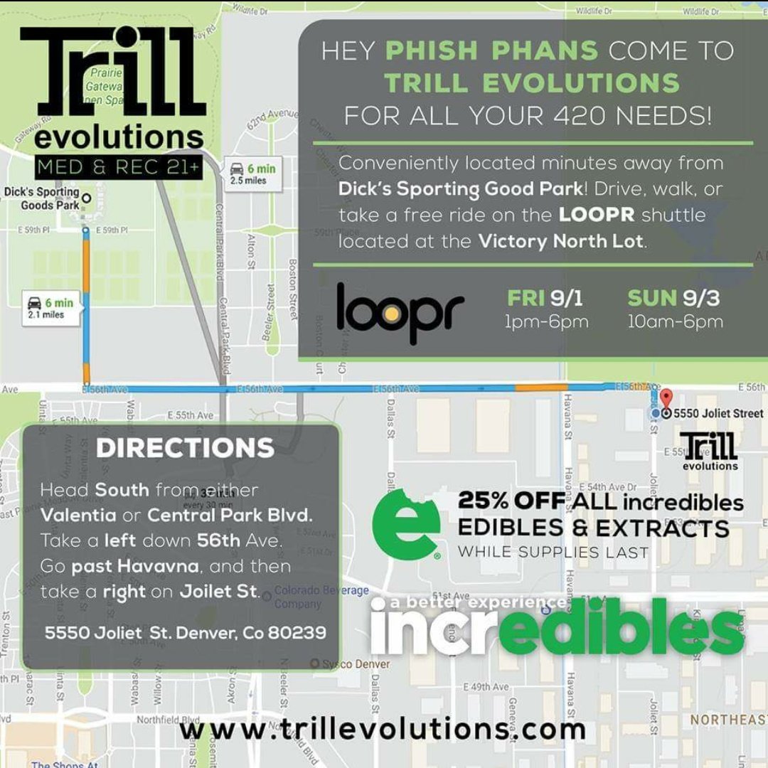 RideLoopr's tweet photo. @TrillDenver is shuttling awesome people to and from their Denver location to the Phish concert until 6pm.  #phishatdicks #Denver #thedeals https://t.co/oXImXnfElw