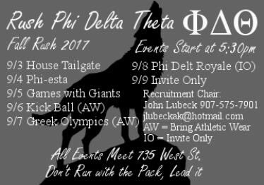 The men of Phi Delta Theta invite you to come check out our rush events this week! All events will meet at the house (735 West St.) at 5:30