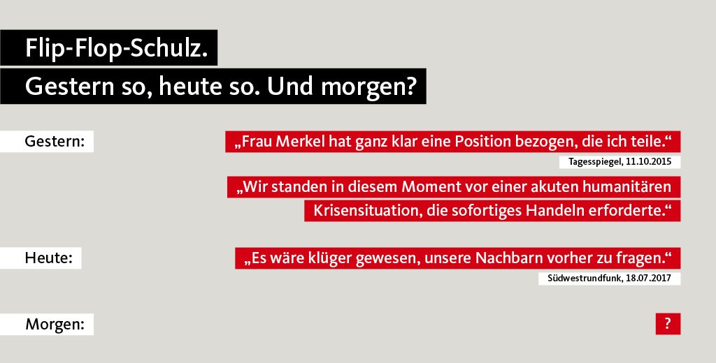 CDU's tweet photo. Schulz kritisiert die Flüchtlingspolitik von Union und SPD. Fakt ist: Bis vor kurzem hat er sie noch gelobt #TVDuell https://t.co/7c5Sjo6iL0 https://t.co/4nSzLy4Sdq