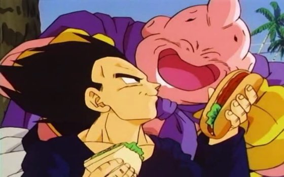 LowkeySaiyan's tweet image. Rare picture of Vegeta actually smiling and willingly sharing food RT for a thousand years good luck
