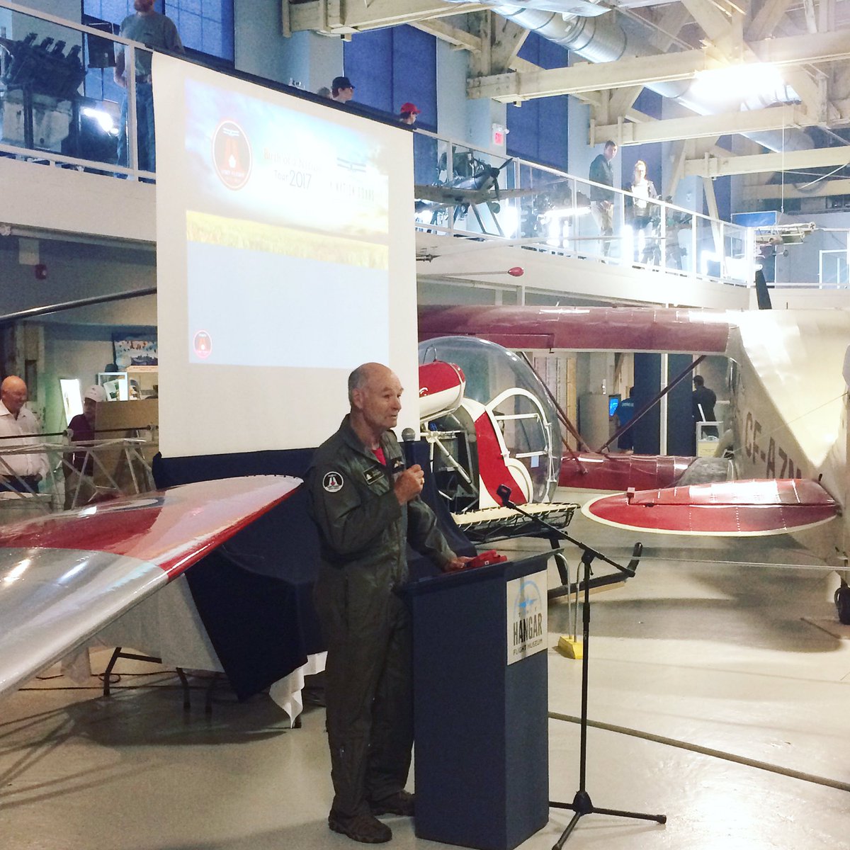TheHangarMuseum's tweet photo. Allan Snowie, one of the #VimyFlight pilots is talking about flying over Vimy Ridge. He & the other pilots will be talking later today at 2! https://t.co/kJLnDCKvK9