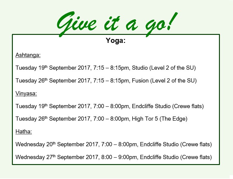 ShefYogaSoc's tweet photo. Be sure to come along to one of our 'Give it a go' sessions this September!
#sheffielduniversity #yoga @sheffielduni https://t.co/ZduYKxLqWK