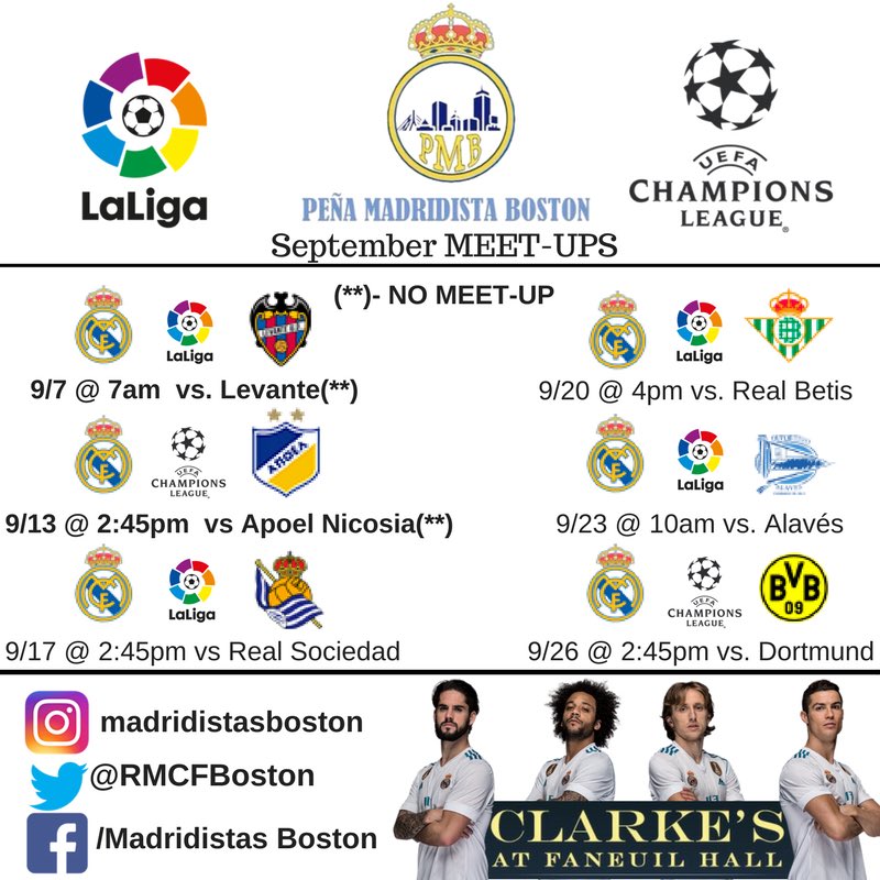 RMCFBoston's tweet photo. Vikingos! Here is our September meet up (and no meet-up) dates @ClarkesFaneuil ! See you soon Merengues! #HalaMadrid #PeñaBoston https://t.co/6v6bEBX4Le