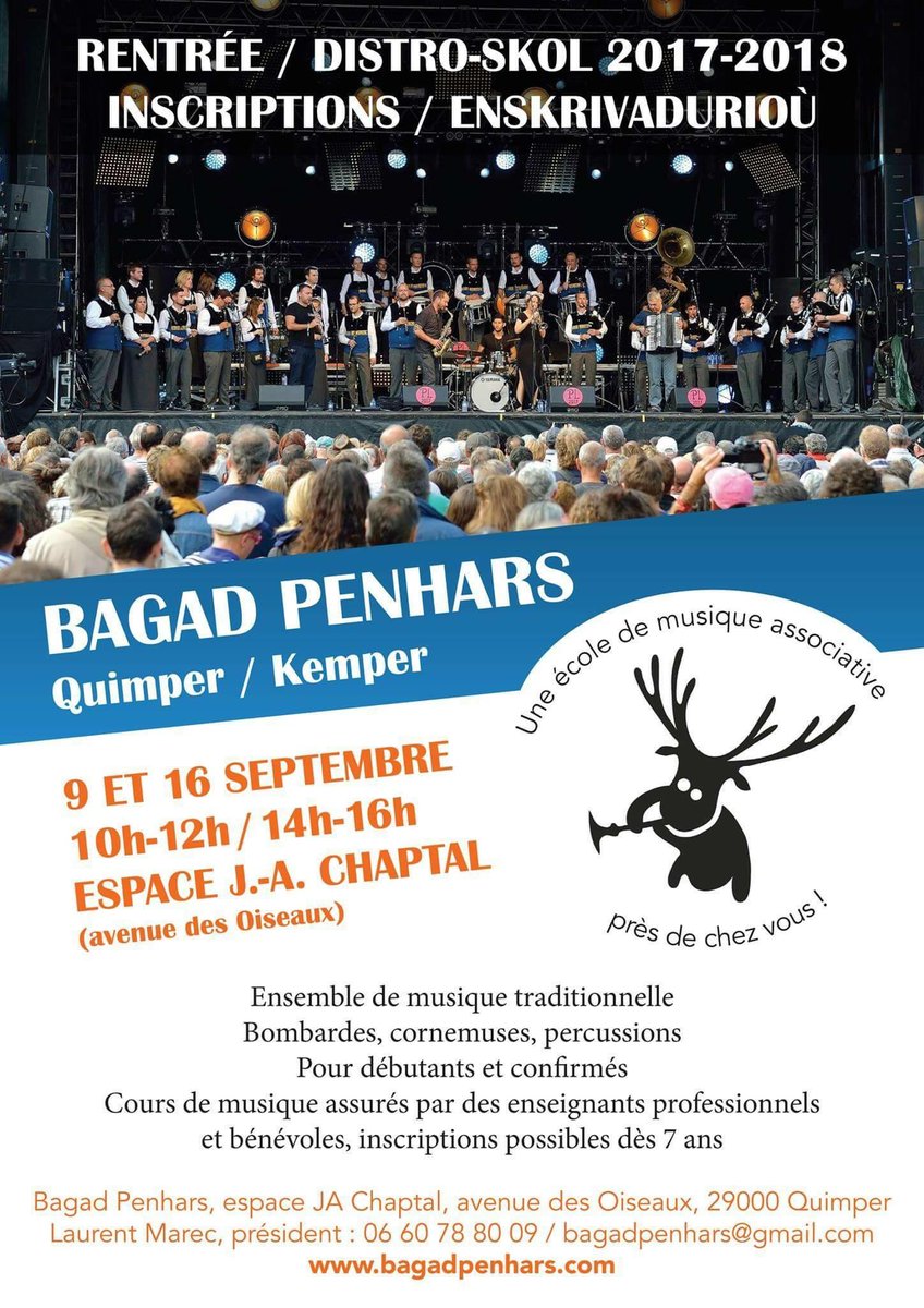 BagadPenhars's tweet photo. Inscriptions au Bagad Penhars ! Enskrivadurioù distro-skol 2017-2018 ! https://t.co/adKGTk9oYP