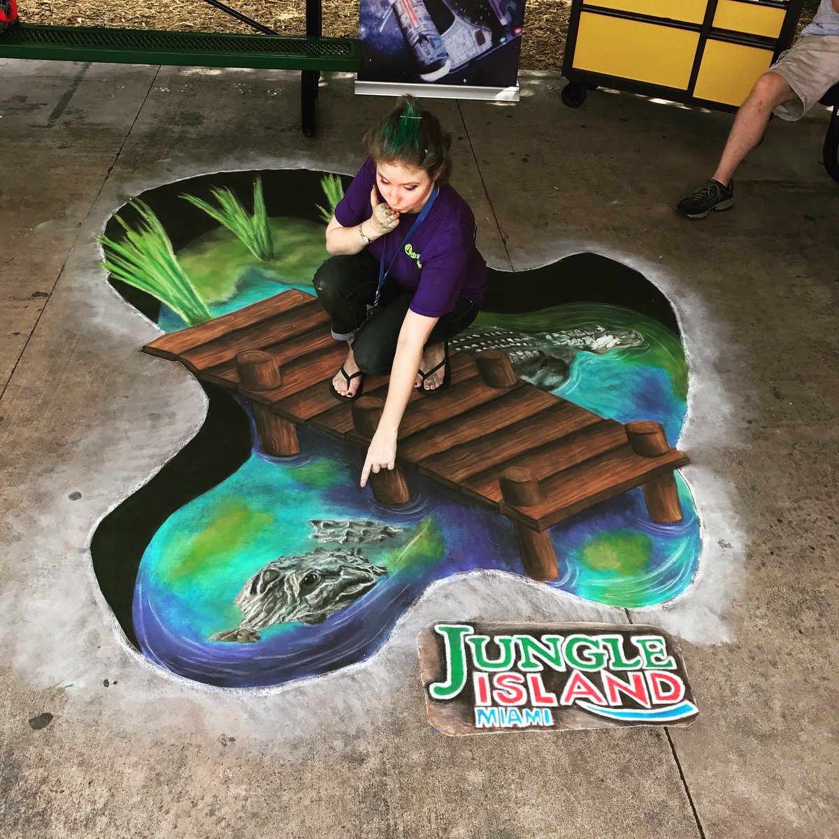 Crikey She's a beaut #jungleisland #jungleislandmiami #chalk #chalkart #3dart #anamorphicart #chalkdrawing #gator #bridgeovertroubledwaters