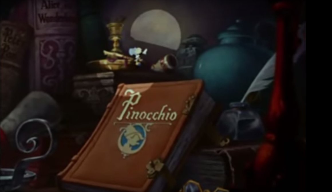 RadleyMason's tweet photo. Pinocchio (1940) the 2 books to the left of Jiminy Cricket are Peter Pan and Alice in Wonderland #Randomfilmfact https://t.co/TEqJ0p1O5n