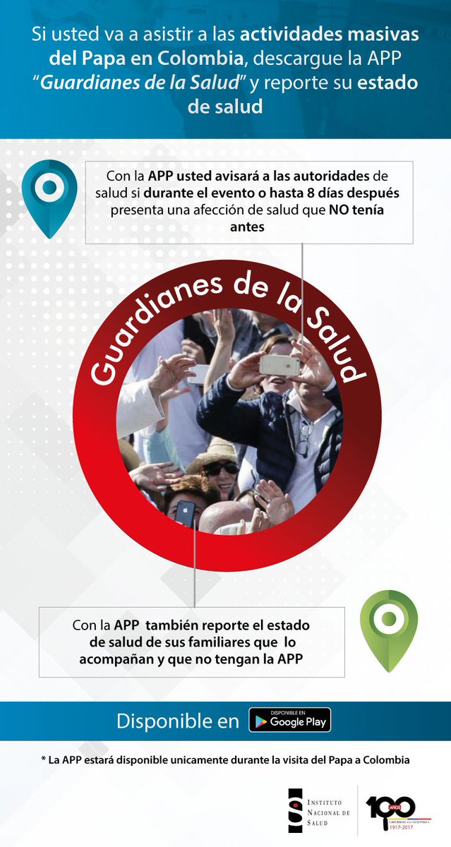 INSColombia's tweet photo. Descarga la App #GuardianesDeLaSalud para que en los eventos masivos del #PapaEnColombia reportes tu estado de salud https://t.co/47vu7aVXlu https://t.co/Itw0tRCSdr