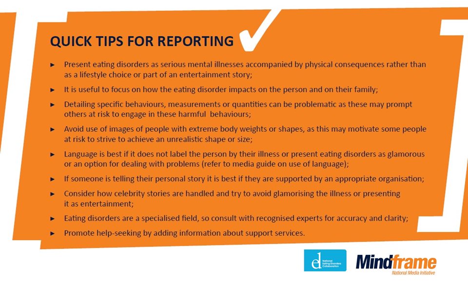 MindframeMedia's tweet photo. Media: for tips on reporting #eatingdisorders - check out our quick guide developed with @NEDC_Australia https://t.co/nTOEEYlnlv https://t.co/d5J3ssYehy
