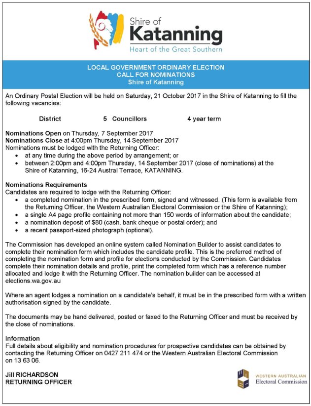 Nominations to become a Councillor will open Thursday 7 September 2017. Nominations close 4.00pm Thursday 14 September 2017.