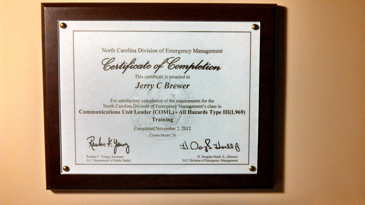 EmCommTrainNet's tweet image. My COML Certificates, one from the state of North Carolina and the other one from FEMA.  Also my ICS-300 and ICS-400 certificates.