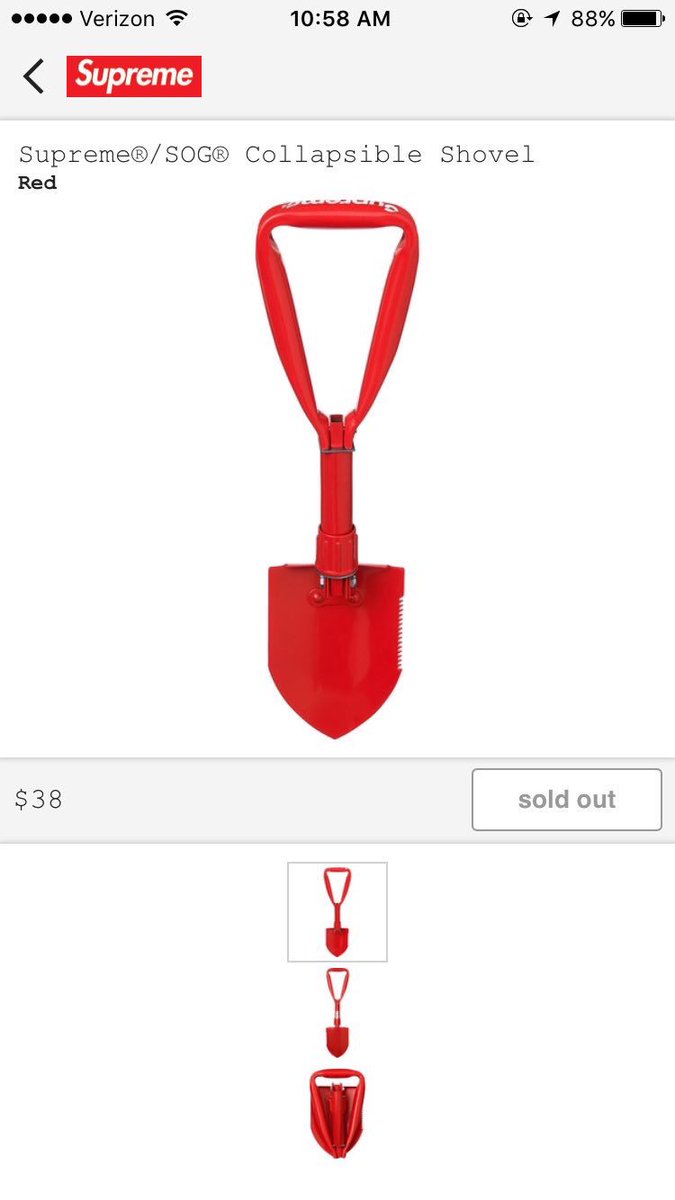 PlugSupreme's tweet photo. Supreme Collapsible Shovel $80 Shipped 
Get it while you can!
@TheSupremeSaint https://t.co/x6pczY8akt