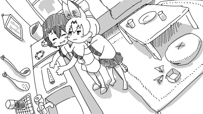 「サーバルちゃん、放してくれないと料理できないよ。」
「ウミャ!」
#けものフレンズ 