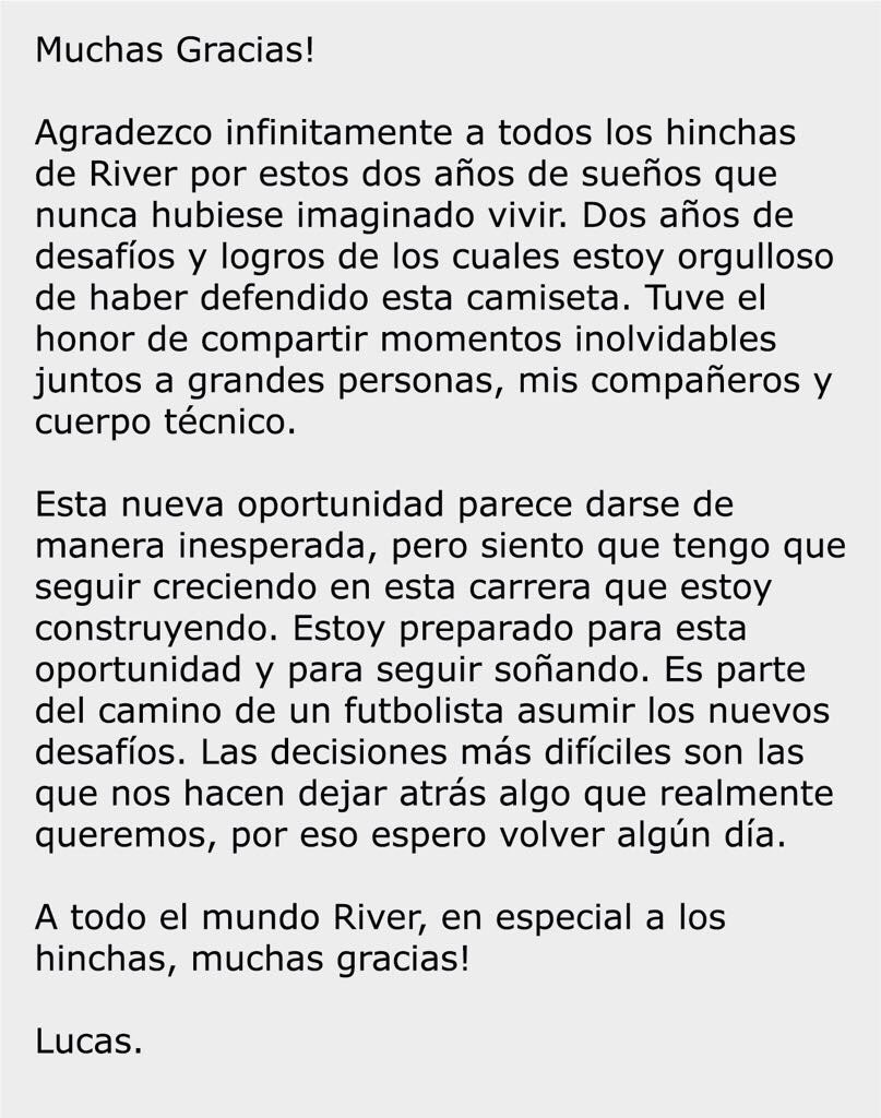 RiverTuittero's tweet photo. LA ÚLTIMA DESPEDIDA | Lucas Alario partió rumbo a Alemania y dejo una carta para todos los hinchas de #River. https://t.co/xr2v7z2cVm