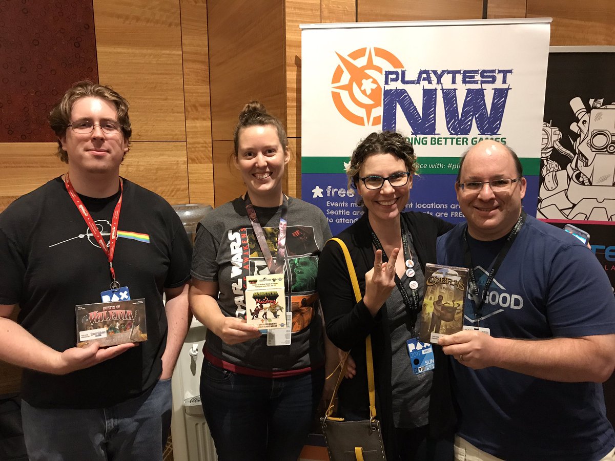 playtestNW's tweet photo. Our Noon & 2pm Sunday winners at #PlaytestingAtPAX. Come play with us at #HyattOlive8 and win some games! @rttgamepub @BHGames @_dailymagic_ https://t.co/xAfS5LmoFM