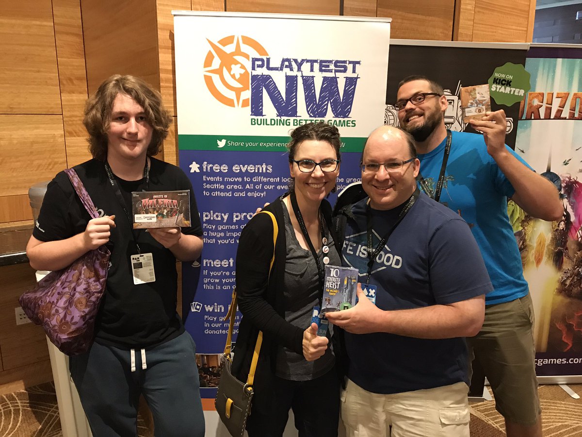 playtestNW's tweet photo. Our Noon & 2pm Sunday winners at #PlaytestingAtPAX. Come play with us at #HyattOlive8 and win some games! @rttgamepub @BHGames @_dailymagic_ https://t.co/xAfS5LmoFM
