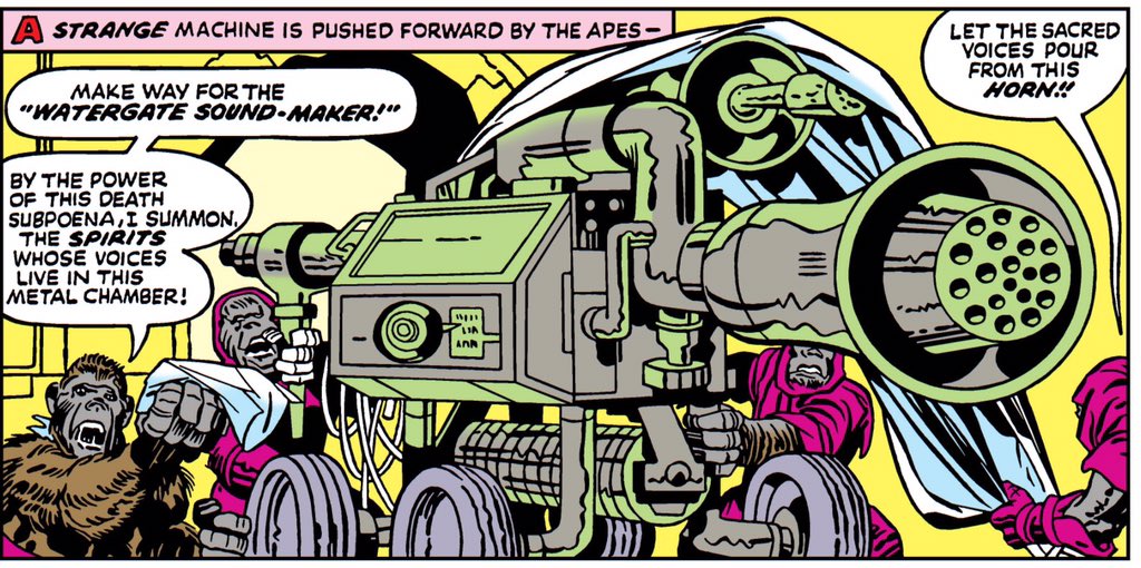 "Ape men turned Nixon's tapes into a sonic death cannon" may be among the most 70s Kirby sentences possible