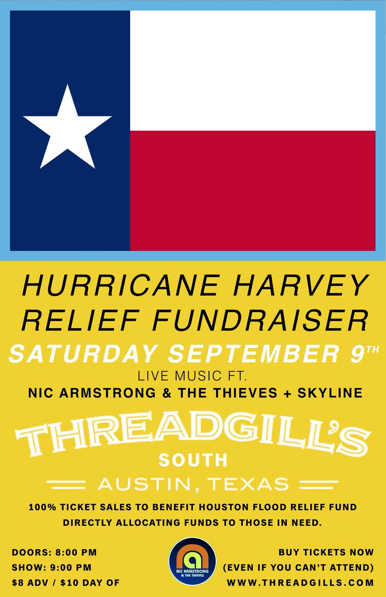 TOMRRW NITE: <a href="/NicArmstrongXXX/">Nic Armstrong Music</a> and <a href="/skylinetheband_/">Skyline</a> rock @Threadgills South raising $ for Hurricane Harvey Relief facebook.com/events/3625828…