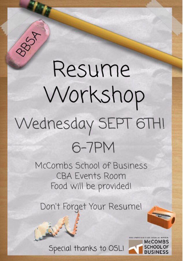 TexasBBSA's tweet photo. Resume need tuning up? Come out on Wednesday to our Resume Workshop and get help with your resume! See you there! 

#UT21 #UT20 #UT19 #UT8 https://t.co/eSdAl7M4gR