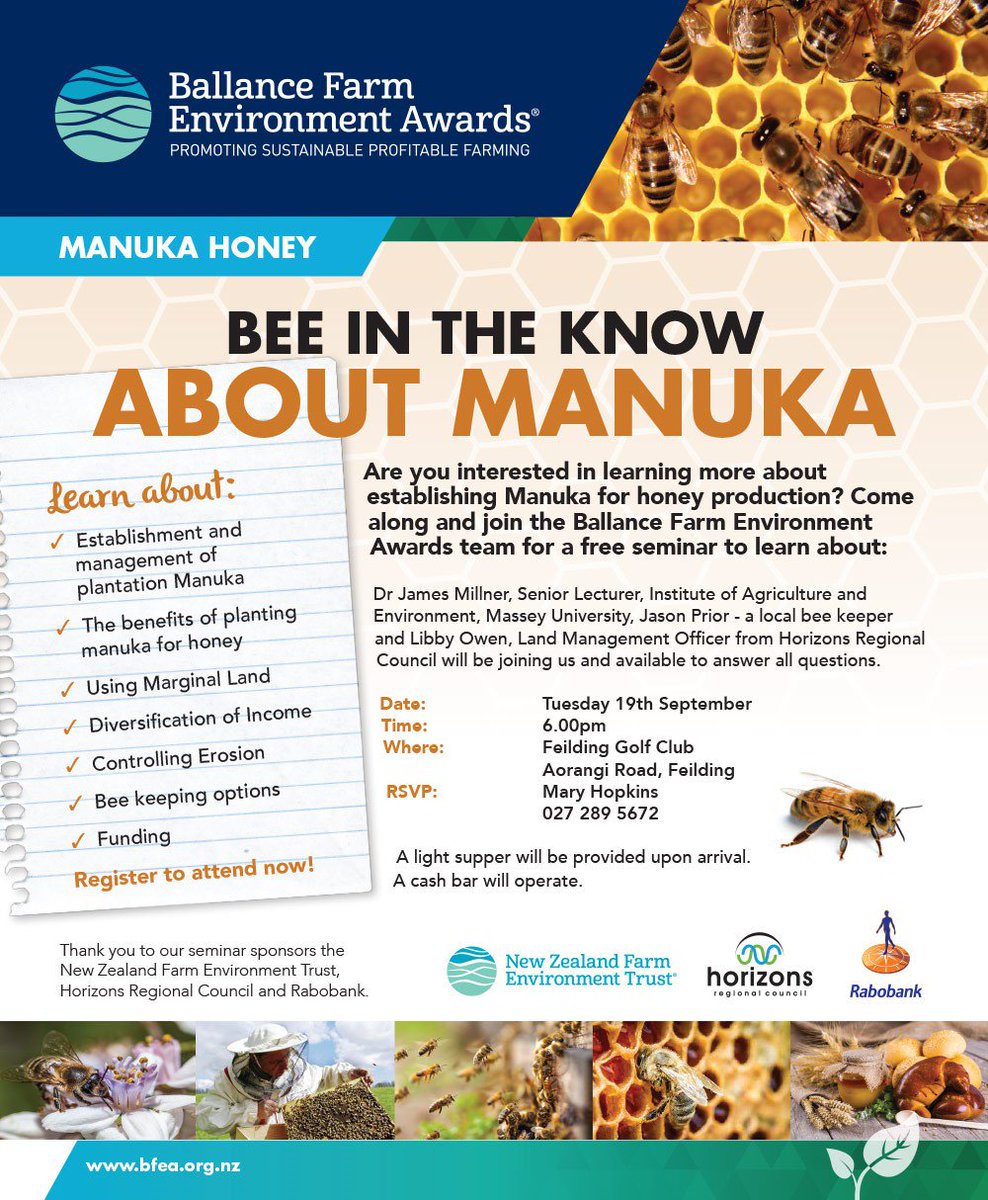 Discover more about establishing Manuka for honey production at a free seminar in Fielding nzfeatrust.org.nz/calendar #BFEA