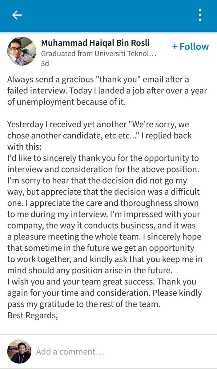 worknco's tweet photo. Jangan lupa hantar "thank you" email lepas interview walaupun korang tak diterima/failed. Siapa tahu company berubah hati macam ni 👇🏼👏🏼 https://t.co/cC88uXIHT8
