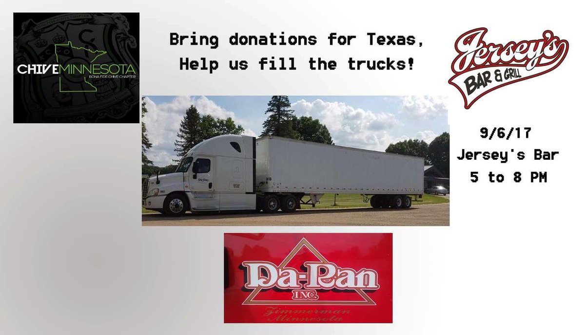 Minnesota_Chive's tweet photo. Chive MN is collecting donations this week for Houston, TX. 
Drop off supplies at @jerseysbar from 5-8 on Wed 9/6!

https://t.co/RV7Z7lScB9 https://t.co/JO4OhvTmFg