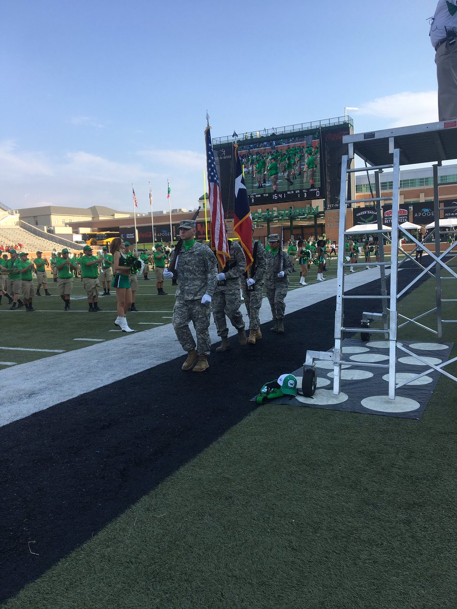 untarmyrotc's tweet photo. AROTC and AFROTC joined together last night to present the colors at UNT's first home game of the season. Great start to a great win! #GMG 🦅 https://t.co/Mq9qduwWba
