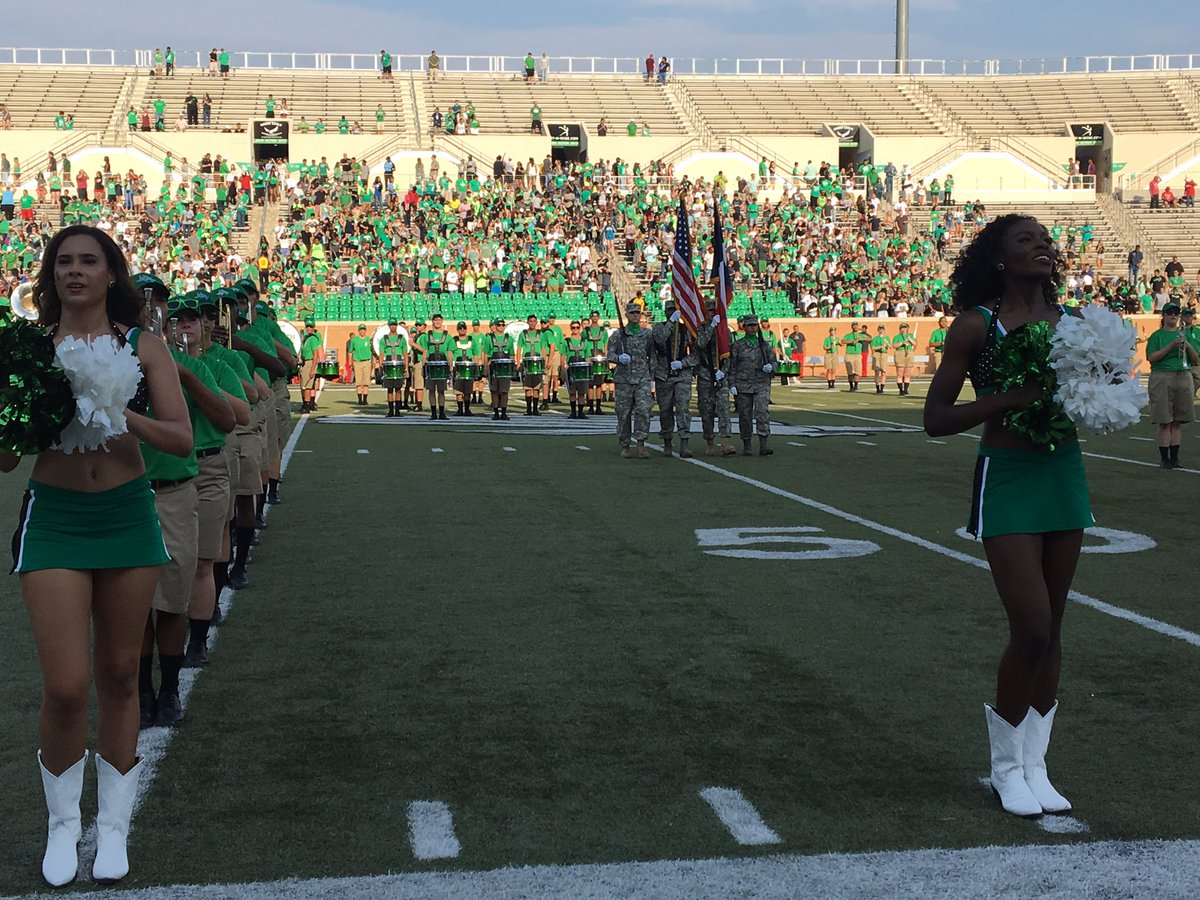 untarmyrotc's tweet photo. AROTC and AFROTC joined together last night to present the colors at UNT's first home game of the season. Great start to a great win! #GMG 🦅 https://t.co/Mq9qduwWba