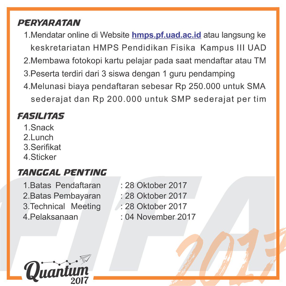 quantumPFIS_UAD's tweet photo. Semangat pagi 🙋
serangkaian acara quantum 2017 yang pertama adalah ➡ FIFA 2017
Yuk simak informasinya 😉

#quantum2017 #olimpiadefisika https://t.co/ytPBNg3Sna