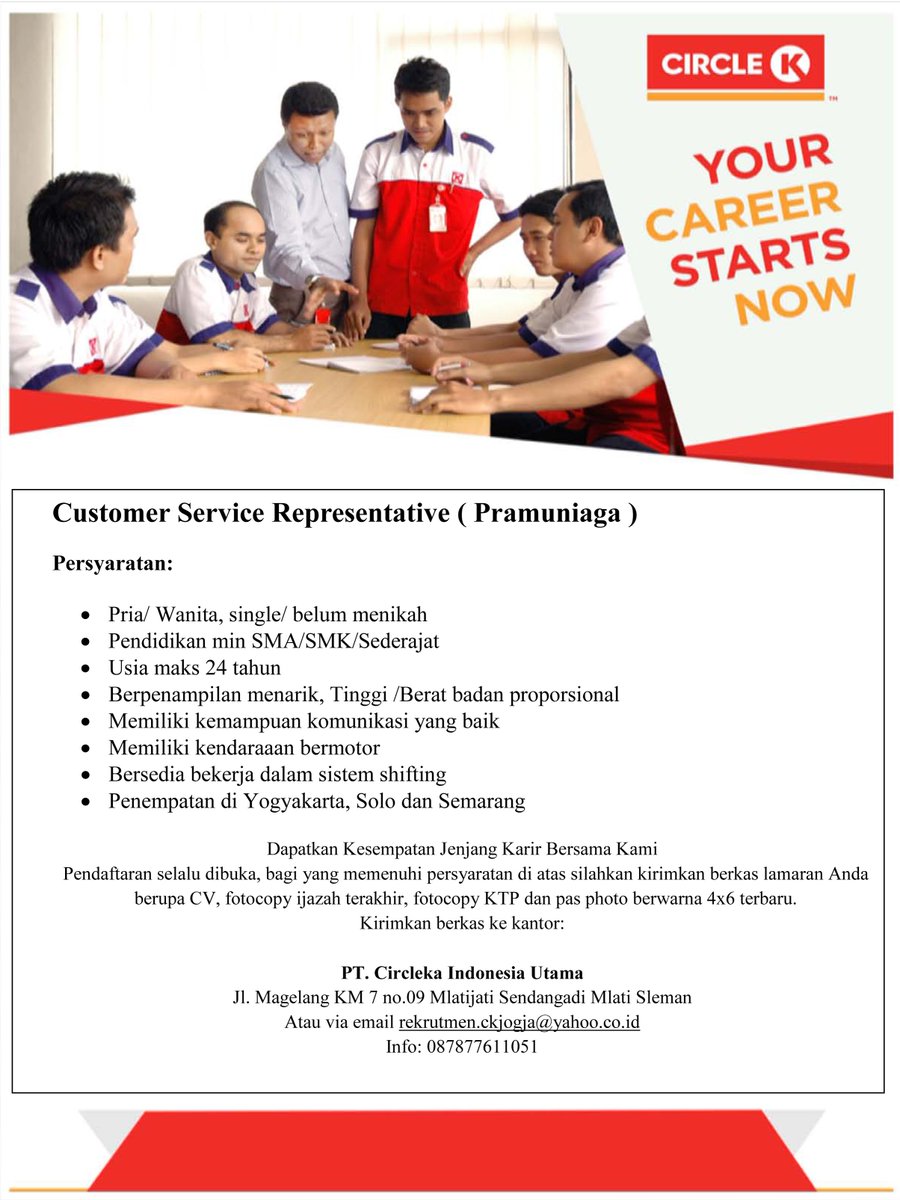 HR_circleK's tweet photo. Pramuniaga | M/F,SLTA,max 24th,shift | CircleK Jl Magelang KM 7 | info 087824842155 wa 087824842155 @InfoLowkerJogja #lowongankerja https://t.co/MMsD8wOouJ