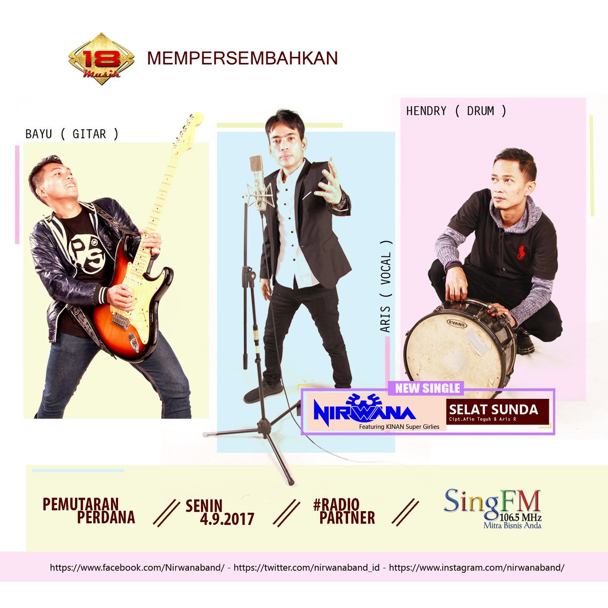 OfficialSINGFM's tweet photo. Hallo 🙌😀simak nanti Pemutaran Perdana single terbaru @nirwanaband_id  - Selat Sunda jam 12.00 WIB llOn 106.5 SING FM https://t.co/MAX2903iyG https://t.co/RKeNWtoOrK