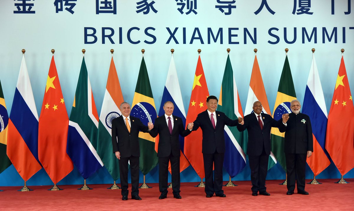 PMOIndia's tweet photo. BRICS leaders at the Summit in Xiamen. https://t.co/QBhB2fdY3O