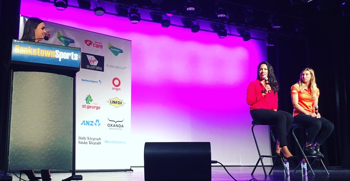 7NewsSydney's tweet photo. .@Channel7's @Mel_Mclaughlin &amp; @aflwomens @GWSGIANTS star @maddy_collier at the 'Real Lives, Real Stories' conference #GiantsCare #GWSgiants https://t.co/5V6ffTzQqE