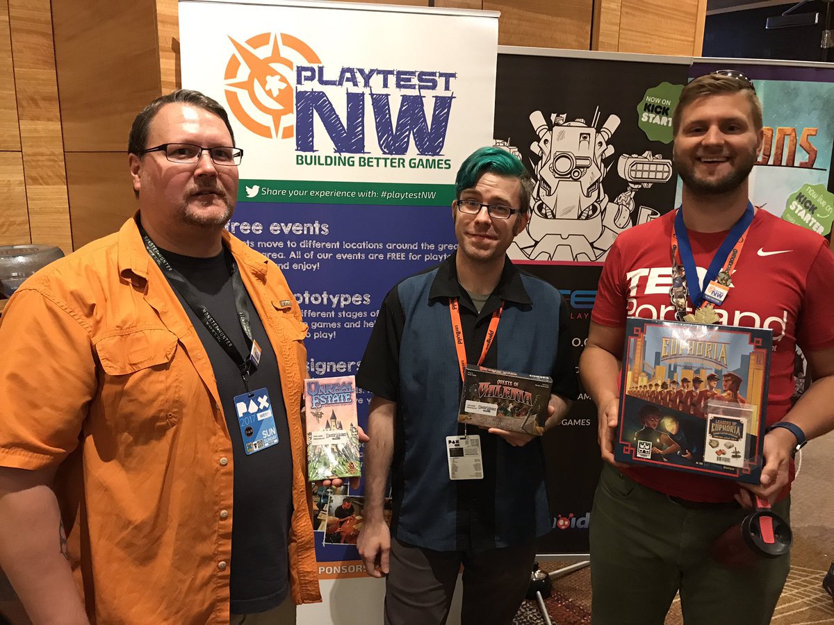 playtestNW's tweet photo. Our 6pm & 8pm Sunday winners at #PlaytestingAtPAX. Come play with us at #HyattOlive8 and win some games! @rttgamepub @BHGames @_dailymagic_ https://t.co/kLxemiWv8U