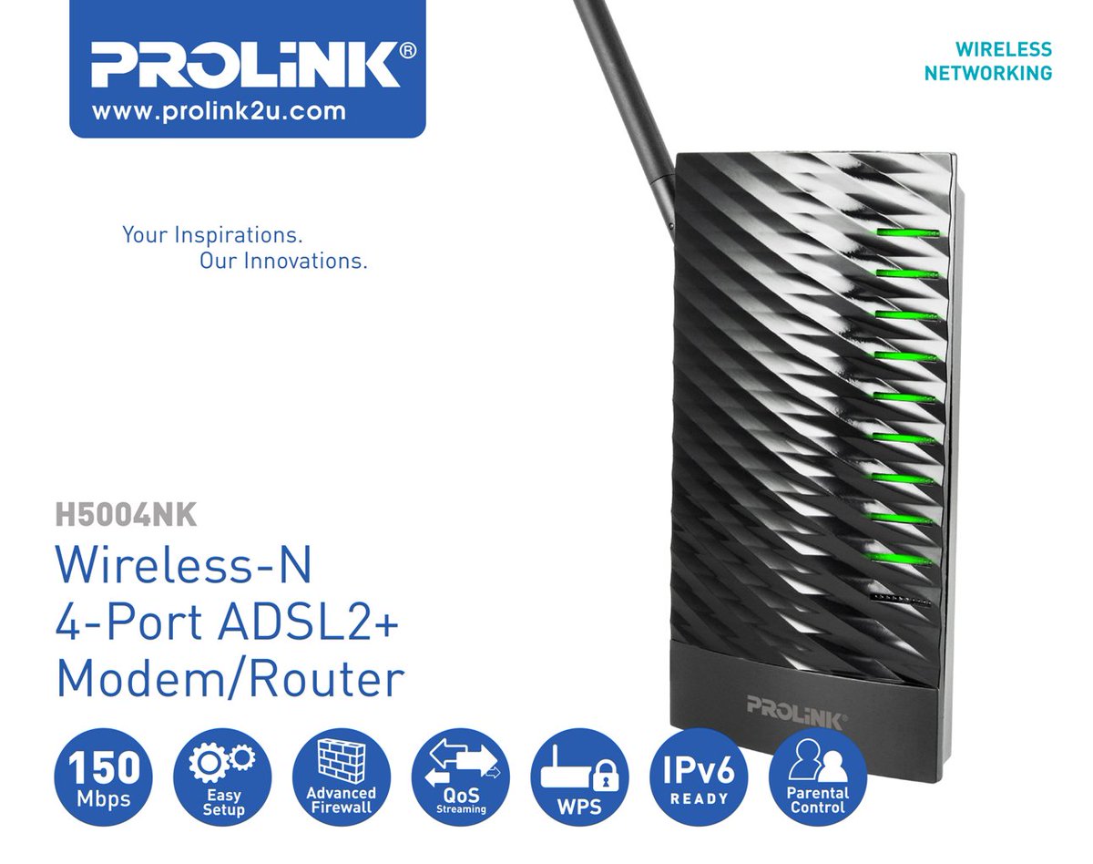 Prolinkindo's tweet photo. #Prolink H5004NK
#Wireless-N 4-Port #ADSL2+ #Modem adn #Router 150Mbps
https://t.co/oH7xeovatb https://t.co/yWA35g7kX0