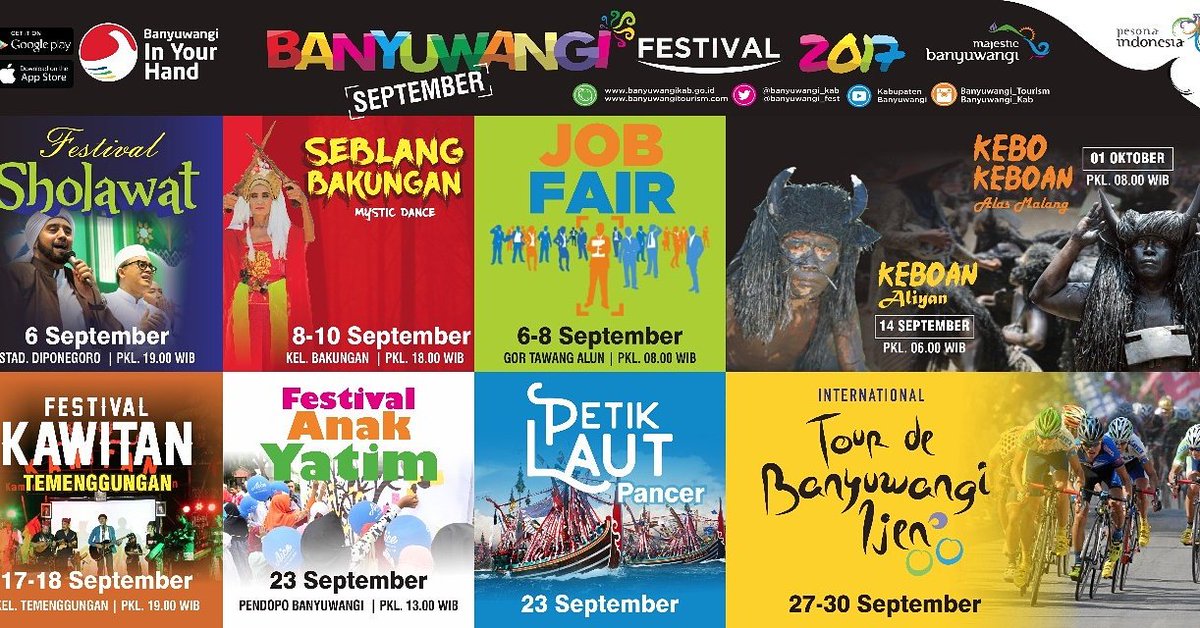 DispendikBwi's tweet photo. September Ceria. Catet dan ingat tanggalnya,
Hanya di Banyuwangi Festival 2017.Ayo ke Banyuwangi
#explorebanyuwangi #banyuwangi #bfest2017 https://t.co/A5s7vZtwxP