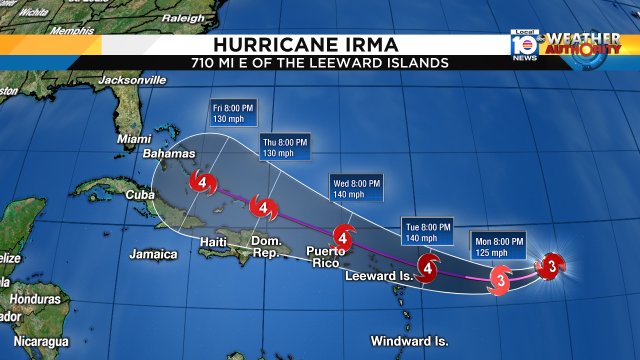 Irma's forecast track as of 11pm Sunday. Still some uncertainty beyond 5 days. SoFlo, prepare just in case. https://t.co/V2jTgM5U7q