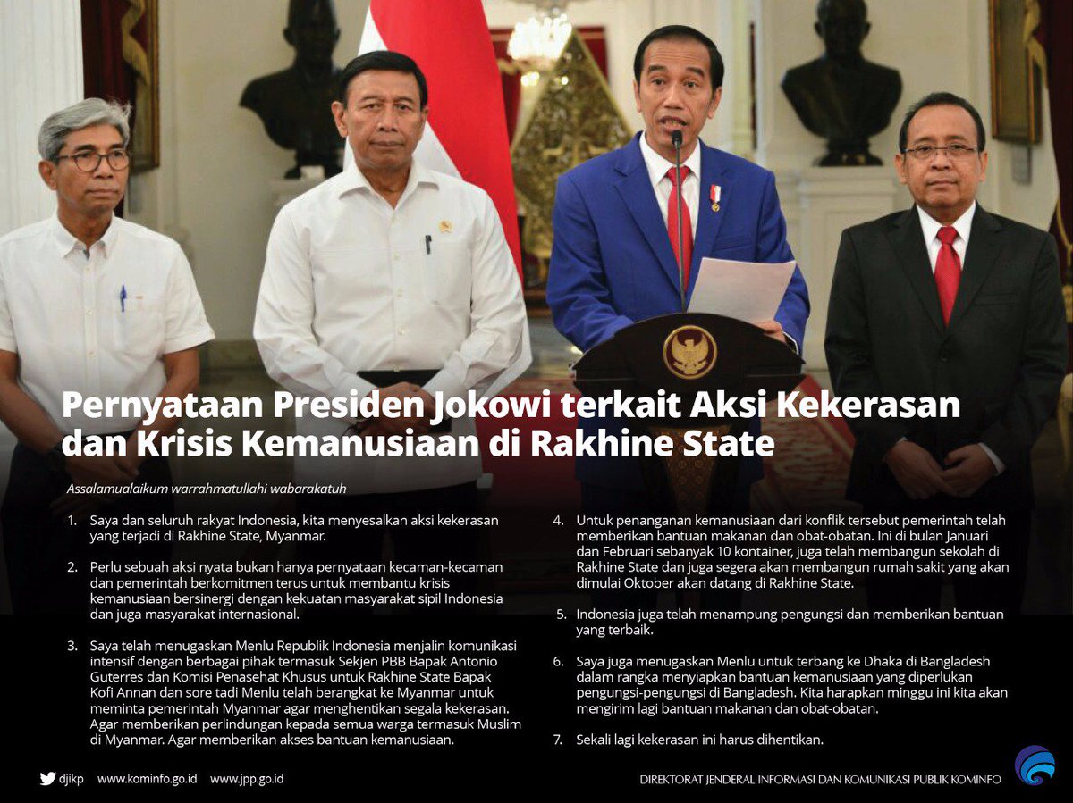 PolkamRI's tweet photo. Pernyataan Presiden @jokowi terkait Aksi Kekerasan &amp; Krisis Kemanusiaan di #RakhineState  Langkah Indonesia terkait Situasi di #RakhineState https://t.co/hPdZGDxOKV