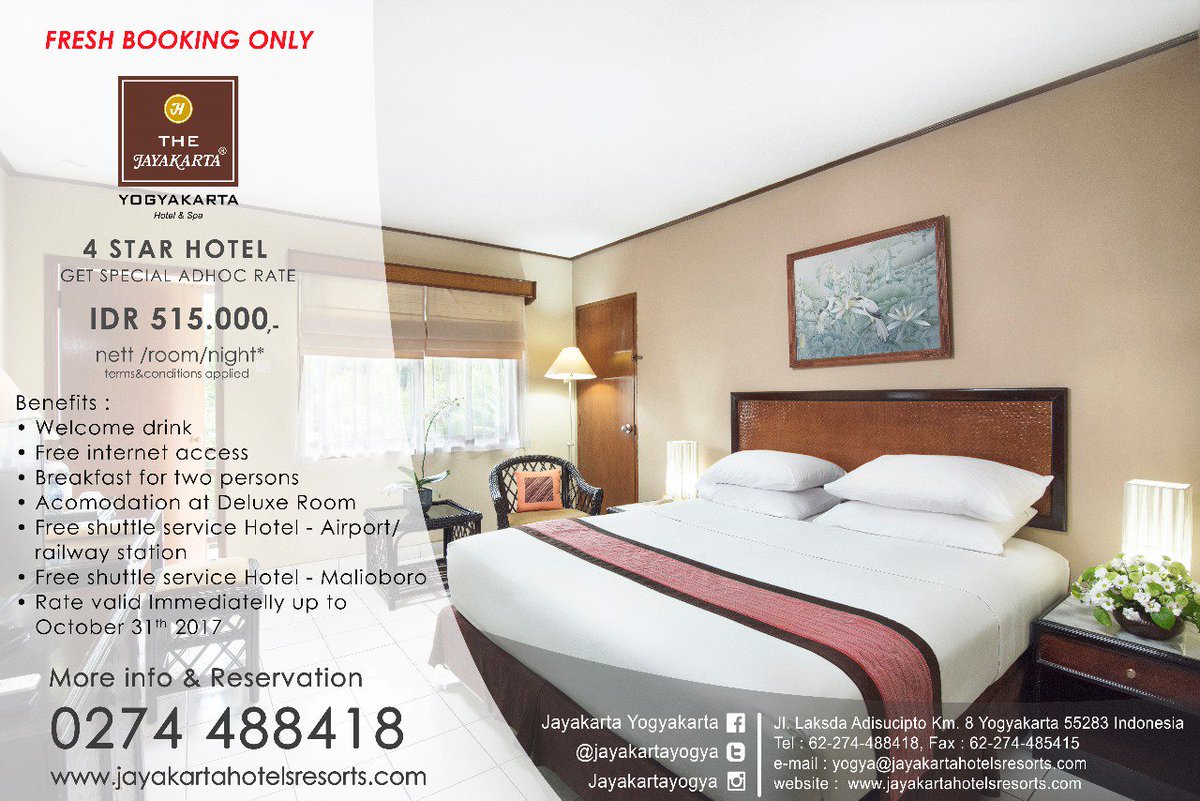 JayakartaIND's tweet photo. Stay for IDR 515.000,-nett/room/night, include breakfast for 2 @JayakartaYogya
Until 31st October 2017
+62 274 488418 https://t.co/M15YCvPh9N