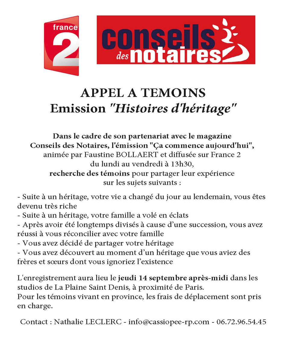 bnichou's tweet photo. Partenaire du magazine Conseils des notaires, l'émission Ca commence aujourd'hui de France 2 recherche des témoins... https://t.co/kjLxTwEhKW