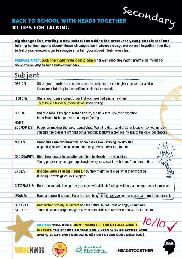 heads_together's tweet photo. Is it your kids #firstdayofschool? We made these 10 tips for talking about school w. @AFNCCF @Place2Be &amp; @YoungMindsUK. What would you add? https://t.co/XFz8FwjW4k