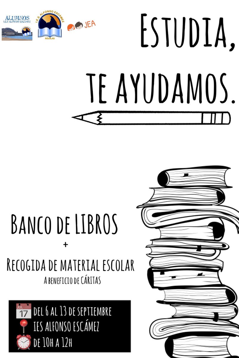 JEAguilas's tweet photo. 🔶#ULTIMAHORA
Ponemos a vuestra disposición nuestro #BancoDeLibros📚y realizaremos una #RecogidaMaterialEscolar🖍 en el #IESAlfonsoEscámez 🏫 https://t.co/FUGNzpiAaE