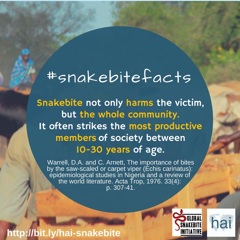 HAImedicines's tweet photo. #Snakebite not only harms victims, but whole community bc it often strikes most productive members, 10-30 years of age. #snakebitefacts https://t.co/vCuoPrMaFM