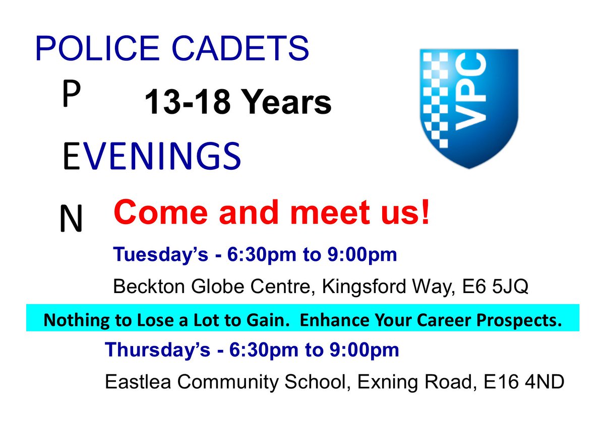 NEWHAM_VPC's tweet photo. @CumberlandE13 Newham Volunteer Police Cadets - Opening Evenings.  Come meet us, nothing 2 lose alot 2 gain. Units - E6 &amp; E16 | 13-18 Yrs. https://t.co/uOIxrQXnv6