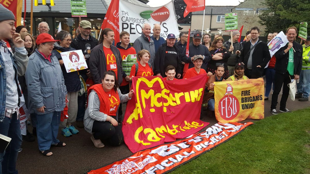 EasternFBU's tweet photo. #EasternFBU supporting MCDonald's workers striking for fair pay &amp; the end of Zero hr contracts

#McStrike #Solidarity #FBU #MCDonalds #Cambs https://t.co/t37zO6d8wj