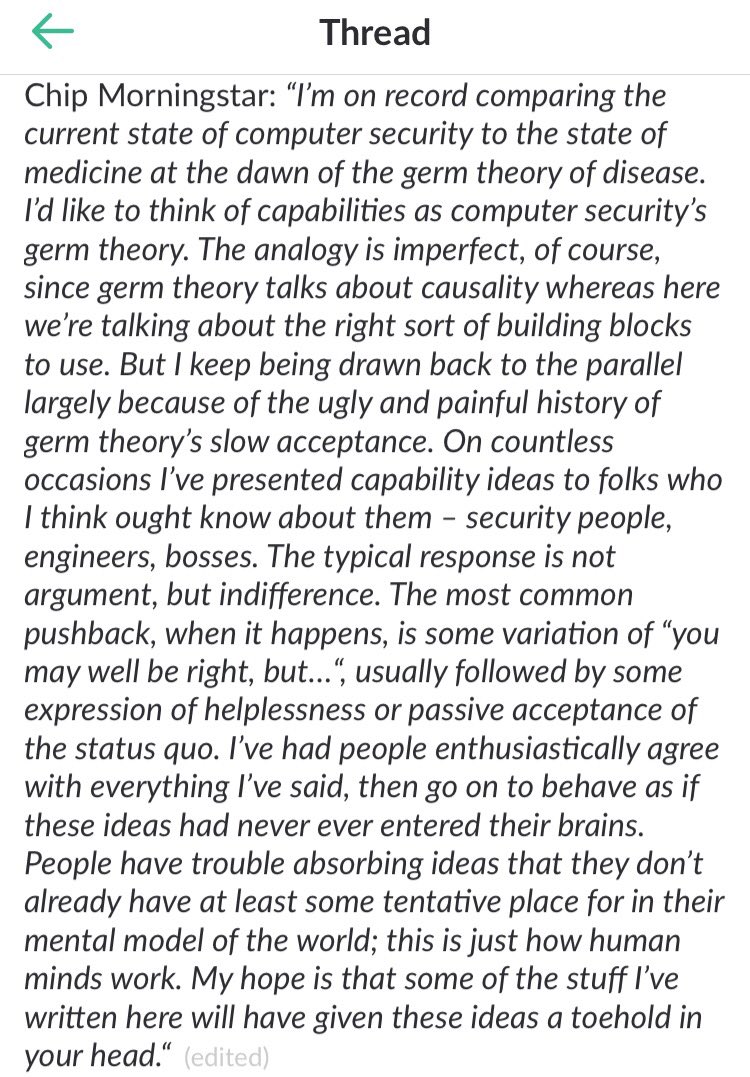 AlpenSheth's tweet photo. Metaphor beyond blockchain: Object capabilities as computer security’s germ theory. #OCaps #capchain https://t.co/Cv0idlZGLA