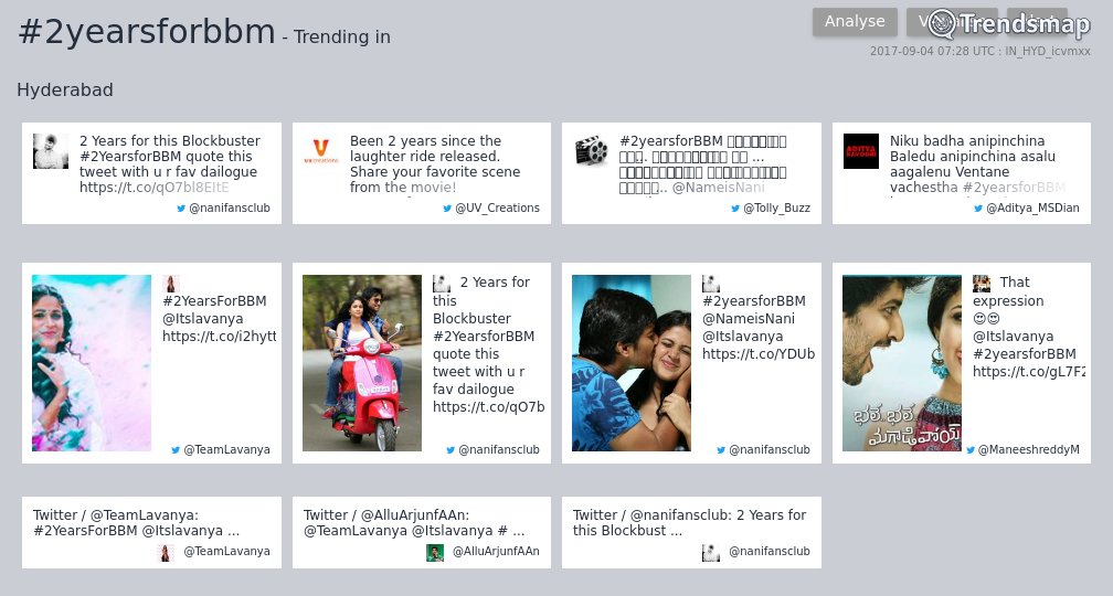 TrendsHyderabad's tweet photo. #2yearsforbbm is now trending in #Hyderabad

https://t.co/Q1sUHCwESa https://t.co/KPPiWxwCV3