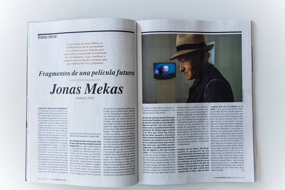 Filmadrid's tweet photo. Ecos de la excepcional visita de Jonas Mekas a #FILMADRID2017 en el número de septiembre de @CaimanCDC. https://t.co/VUoVVM0Wrh