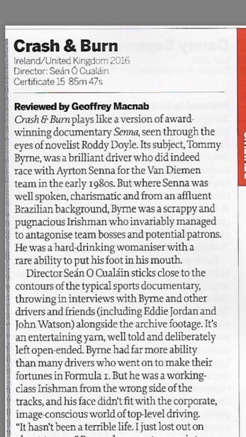 CrashandBurnDoc's tweet photo. Crash &amp; Burn "plays like a version of award-winning film Senna, seen through the eyes of Roddy Doyle" Tonight @RTEOne 1035pm https://t.co/WteBFRTbZu