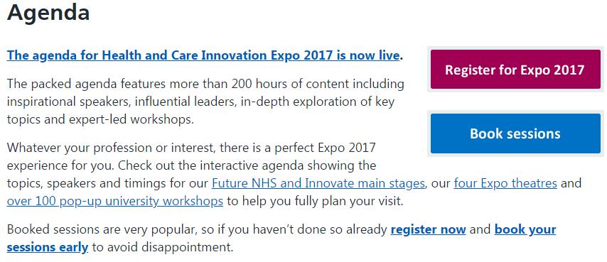 ConfedExpo's tweet photo. With only 1 week to go until #Expo17NHS dont forget to use our interactive agenda to plan your visit https://t.co/94Q0oXiSK7 @NHSEngland https://t.co/o9ydLwm2E7