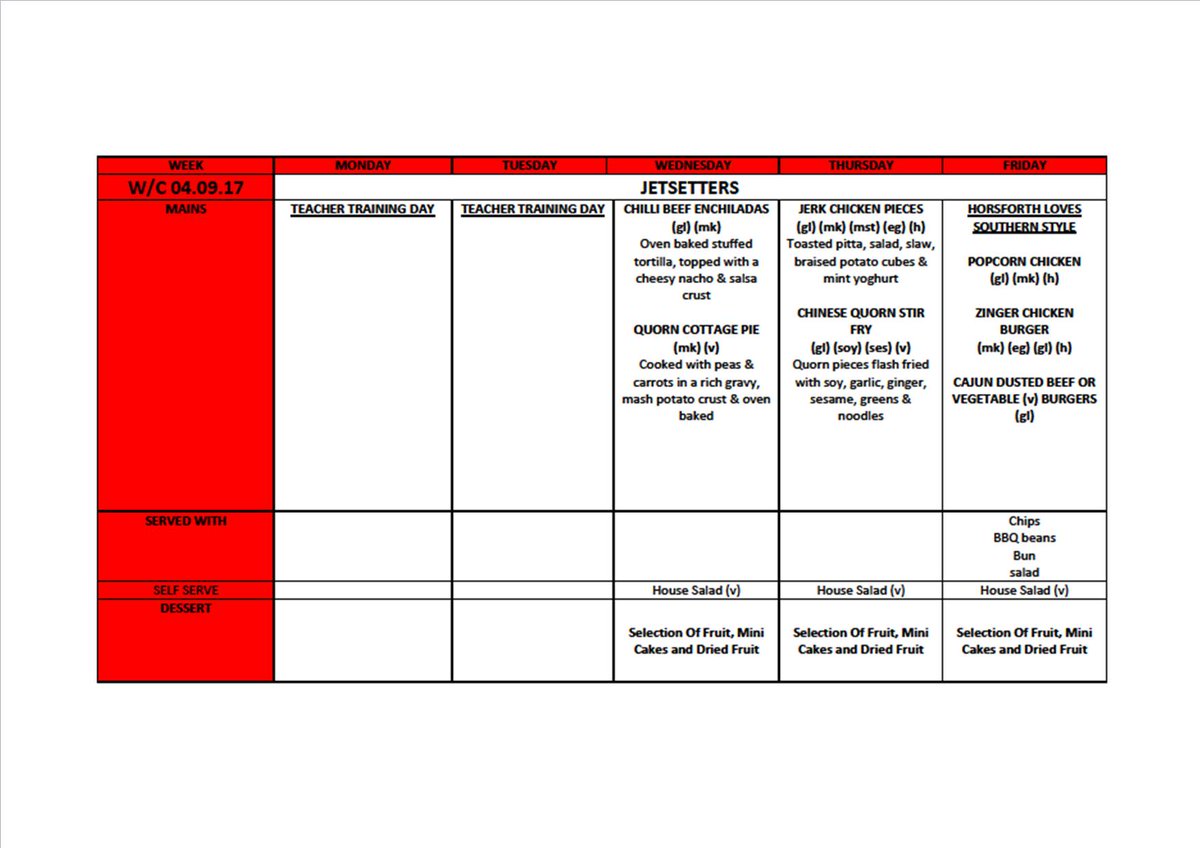 HorsforthFood's tweet photo. The holidays are almost over &amp; we hope you're all excited to get back to our great school meals! Take a look at what we're serving this week https://t.co/r7WpgS0DZZ
